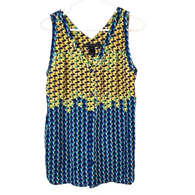 Camiseta sin mangas de seda Marc By Marc Jacobs para mujer M Rich Royal multi seda geométrica cuello en V  Foto 1 de 4