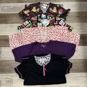 Lot 5 Scrub Tops Women’s Sz XS Variety Solid Winter Fall Hearts in VGC - Picture 1 of 22