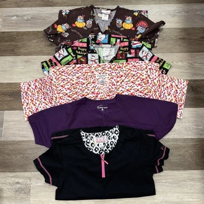 Lot 5 Scrub Tops Women’s Sz XS Variety Solid Winter Fall Hearts in VGC - Image 1 of 4