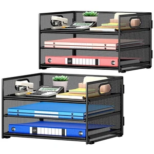 2 Pack 3-Tier Paper Letter Tray Organizer, Black Metal Mesh File Sorter Desk - Picture 1 of 6