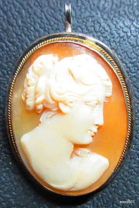 Antique Demure Cameo Sterling Silver W Copper Adornment Brooch Pendant Ringlets - Picture 1 of 6
