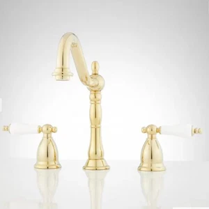 Rubinetto bagno vittoriano collo d'oca ottone lucido nuovo e leva porcellana - Foto 1 di 4