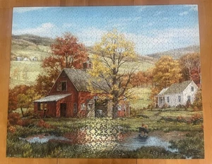 White Mountain Stichsäge Puzzle 1000 große Teile FREUNDE IM HERBST Scheune Teich Fall - Bild 1 von 5