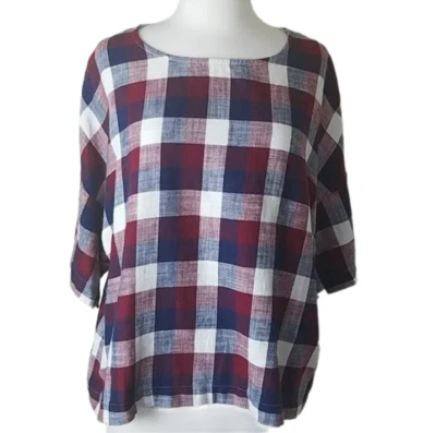 Zara Basic Plaid Shirt Long Sleeves Blouse Checkered Shirt Navy Red Womens XL - Image 1 of 4