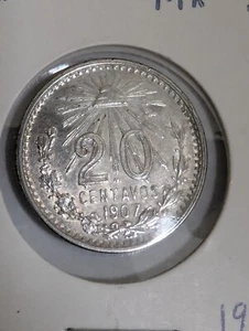 20 centavos coin 1907 Mexico Silver (.800) Straight "7" variety xf/au - Picture 1 of 4