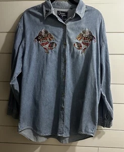 Camisa Vaquera Vintage Años 80 Bordada Navidad Manga Larga Abotonada Talla Grande - Imagen 1 de 15