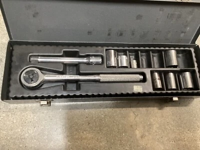 Allen 1/2 - 9 Pieces 12 Point Socket Set Ratchet Extension Metal Box USA - Image 1 of 4
