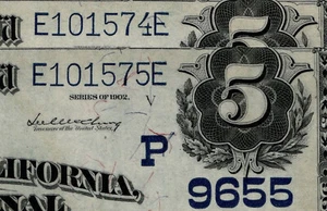 2 Consecutive 1902 $5 Bank of California National Assoc. San Francisco PMG45 EPQ - Picture 1 of 4