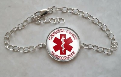 Pulsera ajustable Coumadin Medical Alert de plata de ley 925  Foto 1 de 2