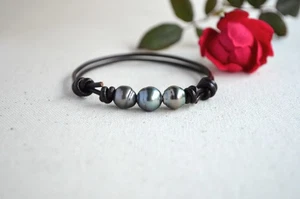 Three Tahitian Pearls on Greek Leather Adjustable Bracelet Elegant Pearl Jewelry - Picture 1 of 10