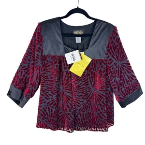 Bob Mackie NWT Red Black Velvet Velour Silk Blend Burnout Jacket Square Neck L - Picture 1 of 7