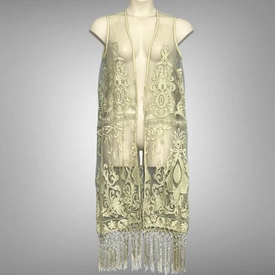 VTG Paparazzi Women Vest XL Ivory Beige Sheer Lace Duster Bohemian Gypsy Hippie - Image 1 of 4