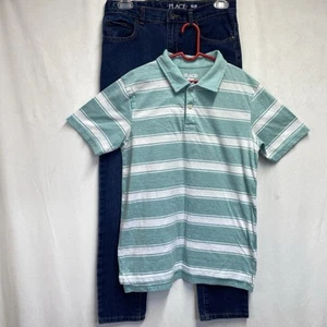 Place Lot of 2 Striped Polo Shirt Green & Straight Leg Blue Jeans Boys 10-12 - Picture 1 of 19