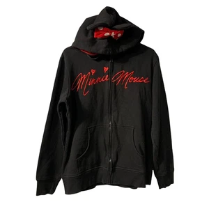 Disney Parks Women's Minnnie Mouse Hoodie with Ears Bow Size XL Black Spellout - Picture 1 of 7