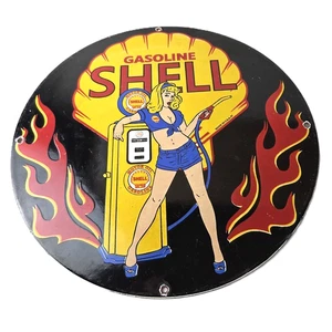 Vintage Shell Gasoline Sign - Gas Station Attendant Fill Up Pump Porcelain Sign - Picture 1 of 14