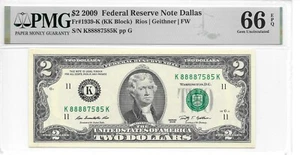 2009 Dallas $2 FRN Lucky Money KK Block PMG 66 EPQ Gem Uncirculated (K88887585K) - Picture 1 of 2