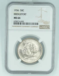 1936 NGC MS64 Bridgeport Commemorative Half Dollar Blast White - Picture 1 of 2