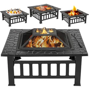 Outdoor 32" Metal Firepit Backyard Patio Garden Square Stove Fire Pit Mesh Cover - Picture 1 of 23