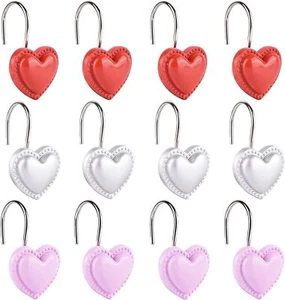 Set of 12 Heart Shower Curtain Hooks Rings, Red Pink White, Rust Resistant, NEW - Picture 1 of 3