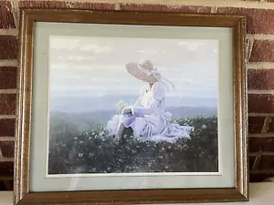 Vintage Home Interior Picture Lady In Flower Field With Sun Hat “Quite Moment” - Picture 1 of 10