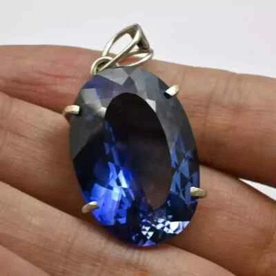 32 CT Natürlich Blauer Saphir Zertifiziert Ovalschliff 925 Solid Silber Anhänger - Bild 1 von 4