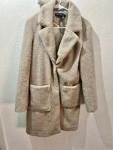 French Connection Vegan Fur Coat Teddy Lapel Midi Coat Beige Womens Size Small - Picture 1 of 5