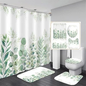 DDQQ Green Leaves Shower Curtain Sets with Non-Slip Rug, Toilet Lid Cover and Ba - Picture 1 of 1