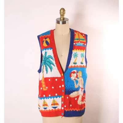 Chaleco Suéter de Playa Pin Up Tejido a Mano Novedad Años 80 por Marisa Christina Foto 1 de 4