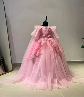 Pink Quinceanera Floral Applique Removable Shawl Coronation Dress Girl Dresses - Image 1 of 4