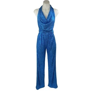 Moda Mono Nova Azul Lentejuelas Sin Mangas Capucha Cuello Halter Pierna Recta Talla S - Imagen 1 de 6