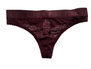 PINK Victorias Secret Lucious Plum Animal Lace Logo Band Thong Panty Small S - Picture 1 of 2