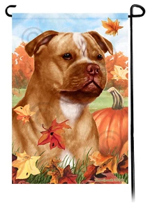 Falling Leaves Garden Flag - Orange and White Staffordshire Bull Terrier - Imagen 1 de 1