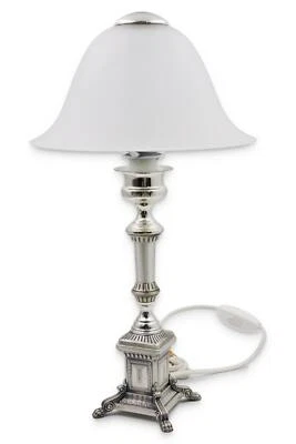Lampada da Tavolo Abat Jour in Argento 925 Paralume in Vetro Satinato - Immagine 1 di 3