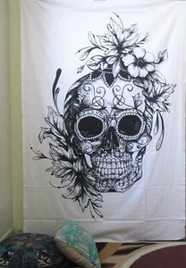 Indian 100% Cotton Tapestry Head Skull Printed Wall Hanging Twin Size Bedspread - Picture 1 of 4