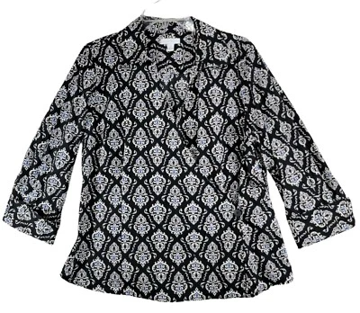 Blusa envolvente geométrica negra/blanca Charter Club para mujer manga 3/4 algodón talla 14 Foto 1 de 4