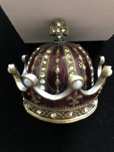 ENGLISCHE KRONE SCHMUCKKÄSTCHEN BURGUNDER EMAILLE SWARKOWSKI KRISTALLE BRONZEFARBEN METALL - Bild 1 von 12