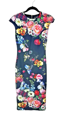 TED BAKER LONDON Mujer 1 (US4) Negro Estampado Floral Hada Bodycon Vestido Vaina Foto 1 de 4