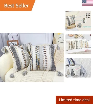 Fundas de almohada bohemias de lujo 16x16 con rayas arco iris hechas a mano Foto 1 de 4