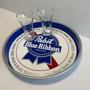 Vintage Pabst Blue Ribbon Metal Tray 13" 1981 and Set of 2 Pabst 6 oz Glasses - Picture 1 of 8