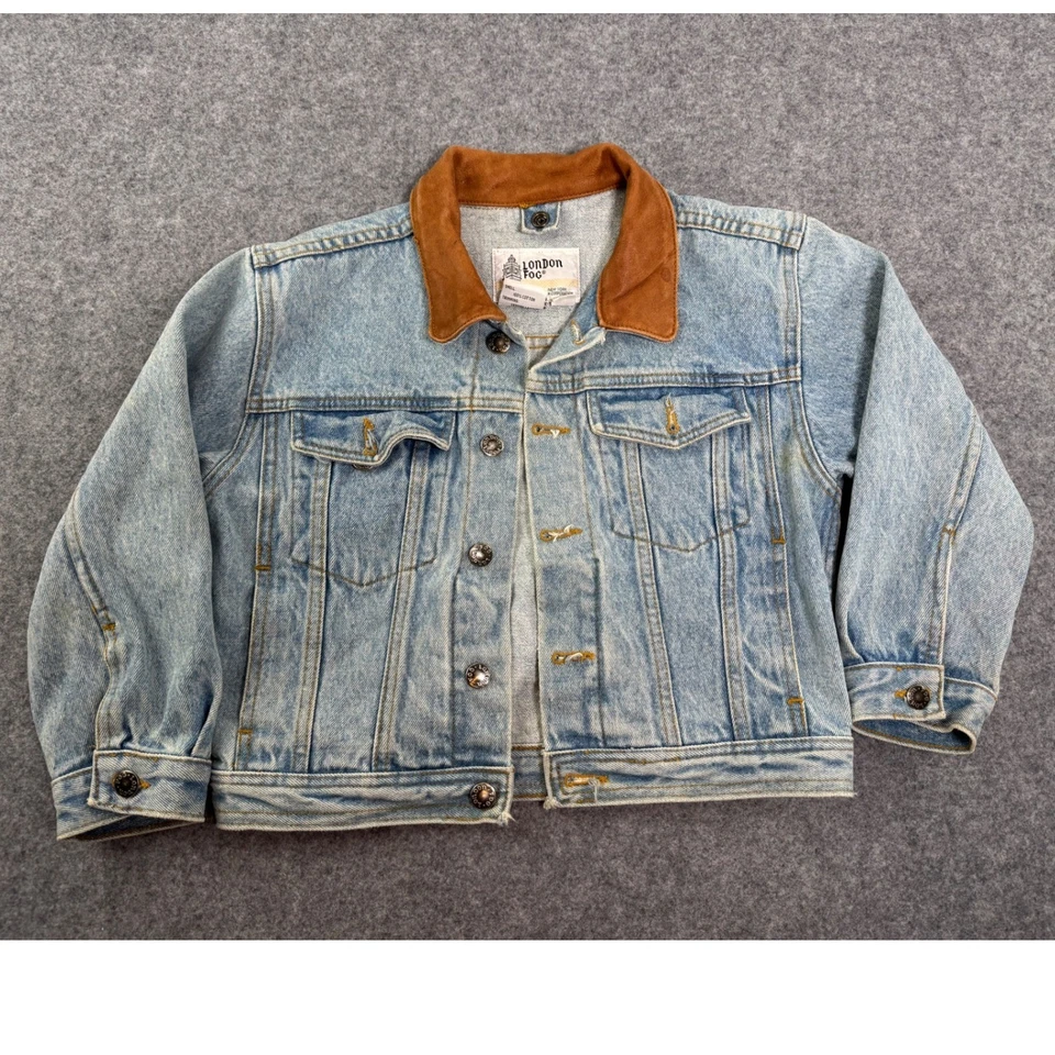 Vintage London Fog Kids Denim Jacket Tan Suede Collar Light Wash Trucker Style - Image 1 of 4