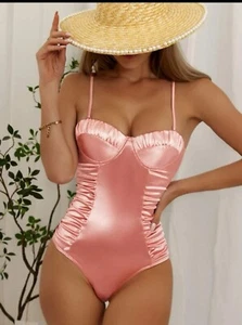 Ruched One Piece Push Up Swimsuit Small Coral Pink  - Picture 1 of 10