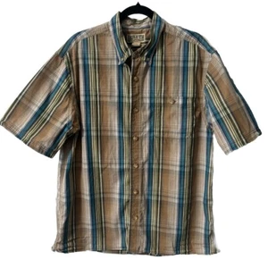 Duluth Trading Co Mens Tan Blue Plaid Striped Button Down Shirt Large EUC - Picture 1 of 8