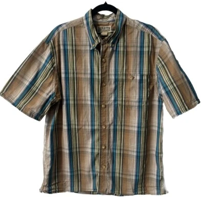 Duluth Trading Co Mens Tan Blue Plaid Striped Button Down Shirt Large EUC - Image 1 of 4