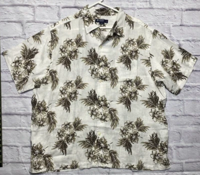 Daniel Cremieux 100% Linen Shirt Mens 2XL White Brown Floral Tropical Beachy - Image 1 of 4
