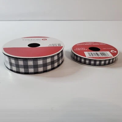 Black & White Plaid Wired Ribbon Narrow Set Lot Of 2 Celebrate It 7/8" 3/8" 24ft - Image 1 of 4