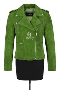 Women's Classic Biker Western Real Leather Jacket Lime Green Suede Casual Jacket