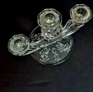 Fostoria Meadow Glass 5 1/2" Etched Candle 3 Stick Holder Baroque Candelabra - Picture 1 of 6
