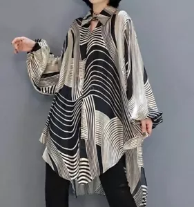 Ladies Black Cream Blouse Floaty Edgy Classic Long Tunic Shirt Plus Size 20 24 - Picture 1 of 16