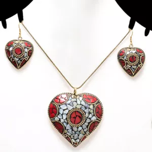 PEARL & RED CORAL GEMSTONE GOLD PLATED NEPALI PENDANT EARRING SET 17-18" - Picture 1 of 1