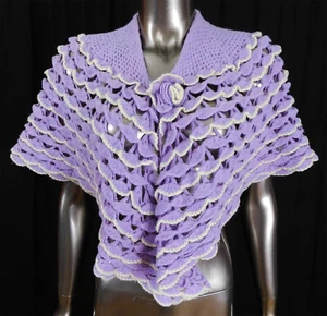 Vintage Hand Knit Lavender Scalloped Cutwork Crochet Capelet Pelerine Sweater  - Picture 1 of 4